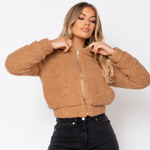 Brown Teddy Bear Fur Long Sleeve Hooded Bomber Jacket - Picture 5 of 9